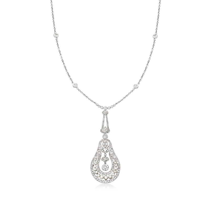Diamond and pearl drop necklace with teardrop pendant, platinum and white gold.