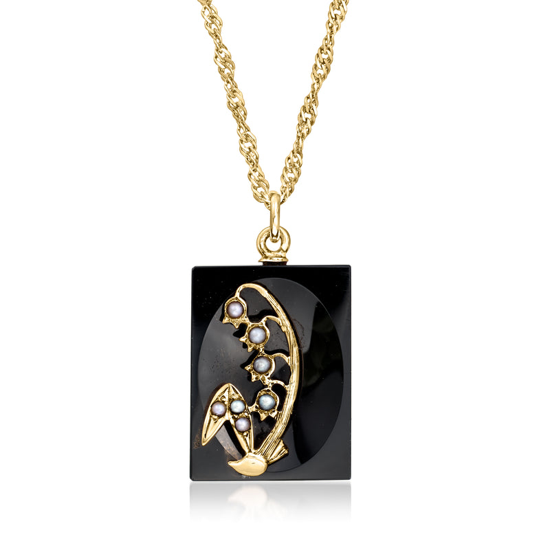 14kt yellow gold onyx square pendant necklace with gold scrollwork and seed pearls
