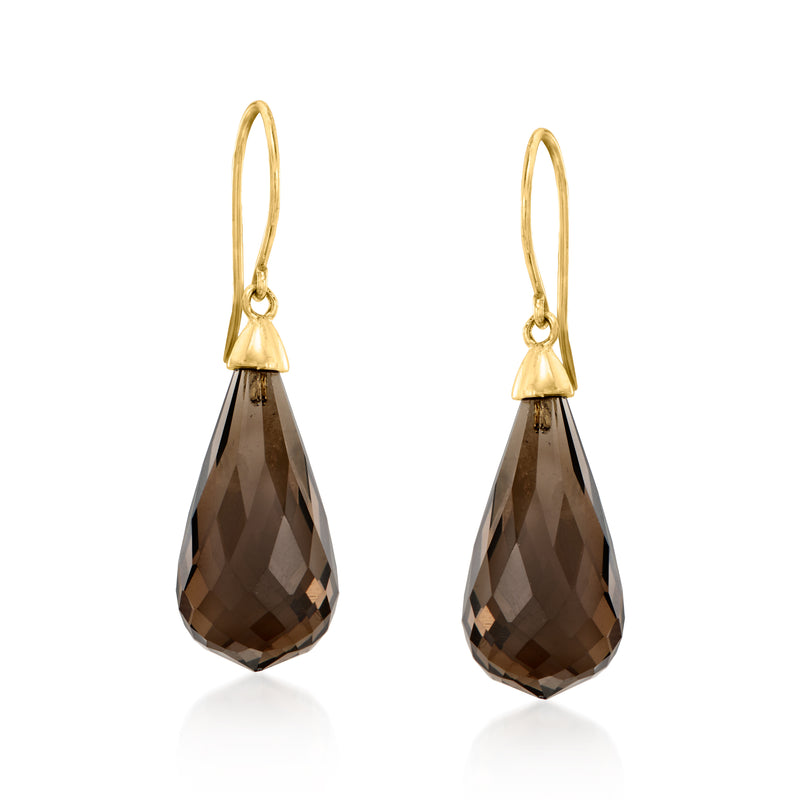 Smoky quartz teardrop drop earrings in 14kt yellow gold with hook earwires