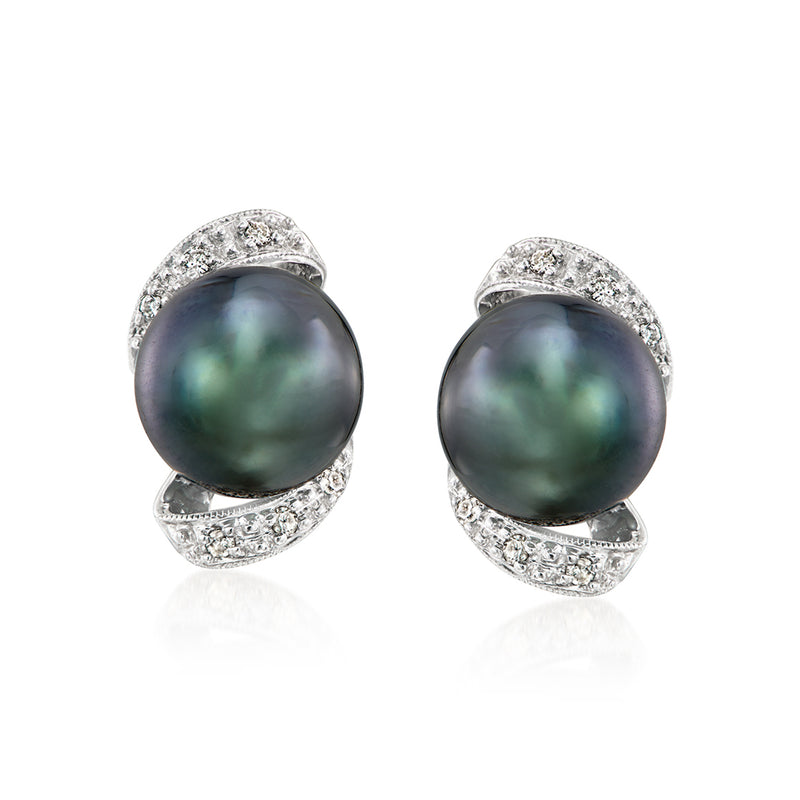Black cultured pearl and diamond post earrings in 14kt white gold