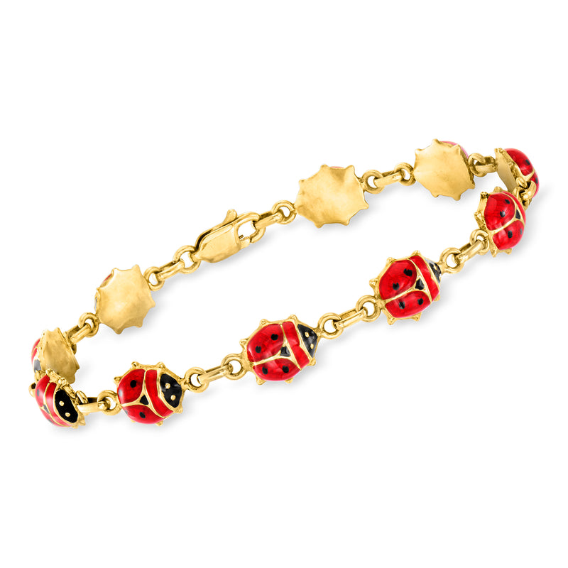 14kt yellow gold bracelet with red-and-black enamel ladybug charms
