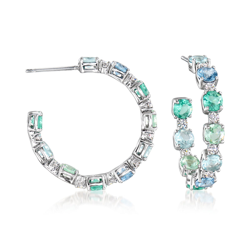 Rhodium-plated hoop earrings with blue and green simulated stones and CZ accents