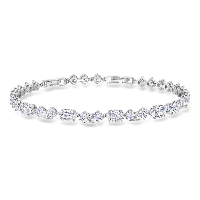 Rhodium-plated CZ tennis bracelet with oval stones and box clasp, all-around sparkle