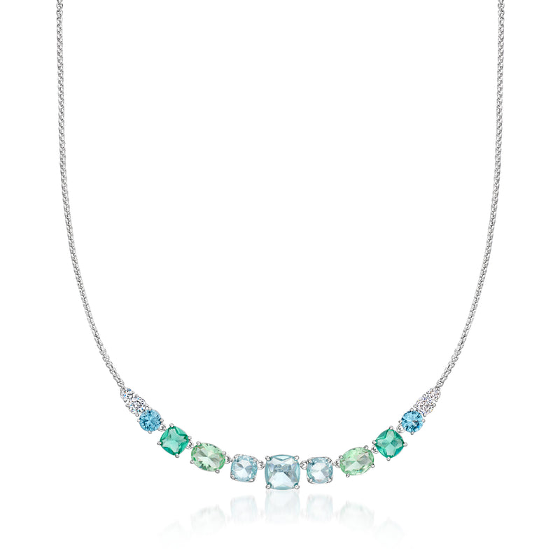 Rhodium-plated necklace with aqua and light-blue oval simulated gemstones along chain