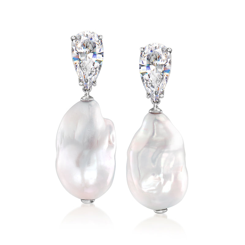 Rhodium-plated drop earrings with CZ-studded tops and white baroque cultured pearls