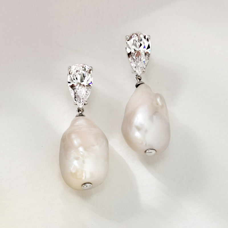 Rhodium-plated CZ drop earrings with white baroque cultured pearl drops