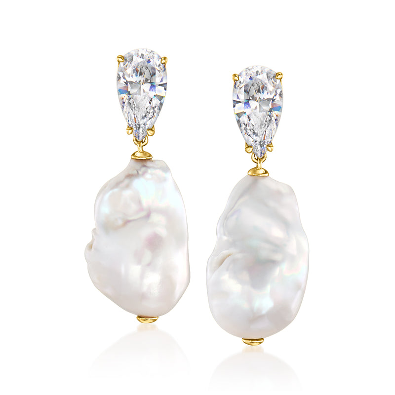 Gold-plated drop earrings with teardrop CZ tops and baroque pearl drops
