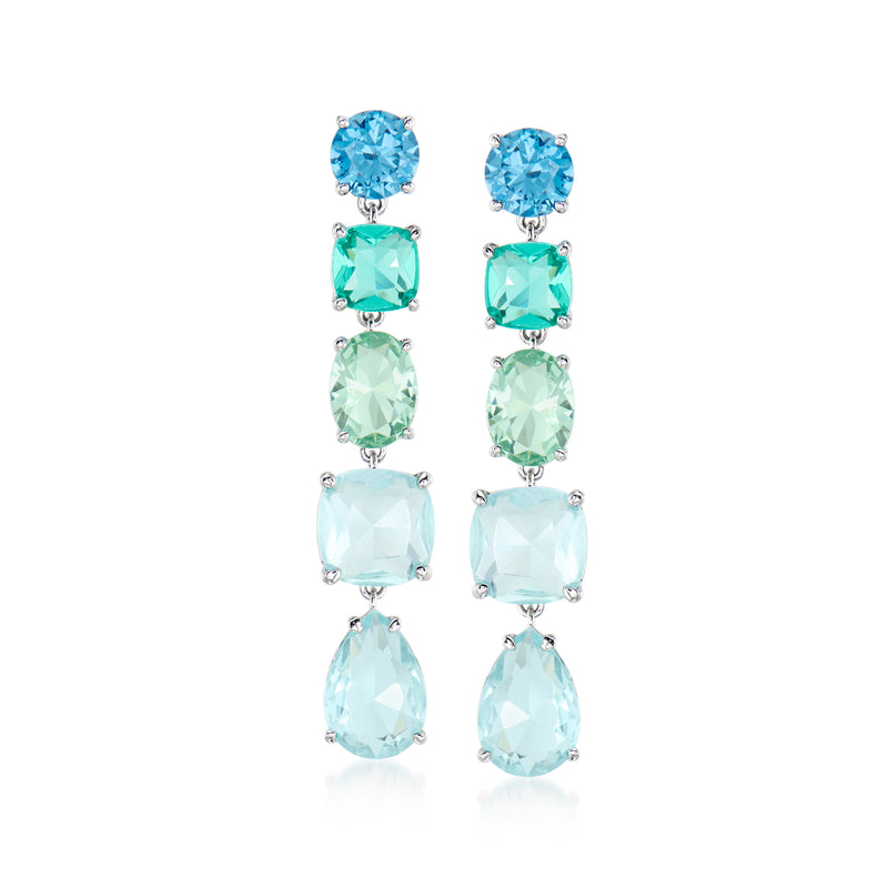 Rhodium-plated linear drop earrings with teal and blue simulated gemstones, dangling
