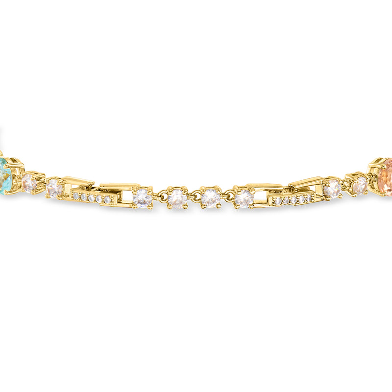 Gold-plated bracelet side view with alternating clear and pastel CZ stones