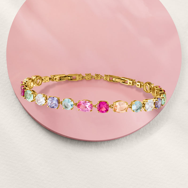 Gold-plated bracelet featuring multicolored oval CZ stones in pink, purple, blue, green