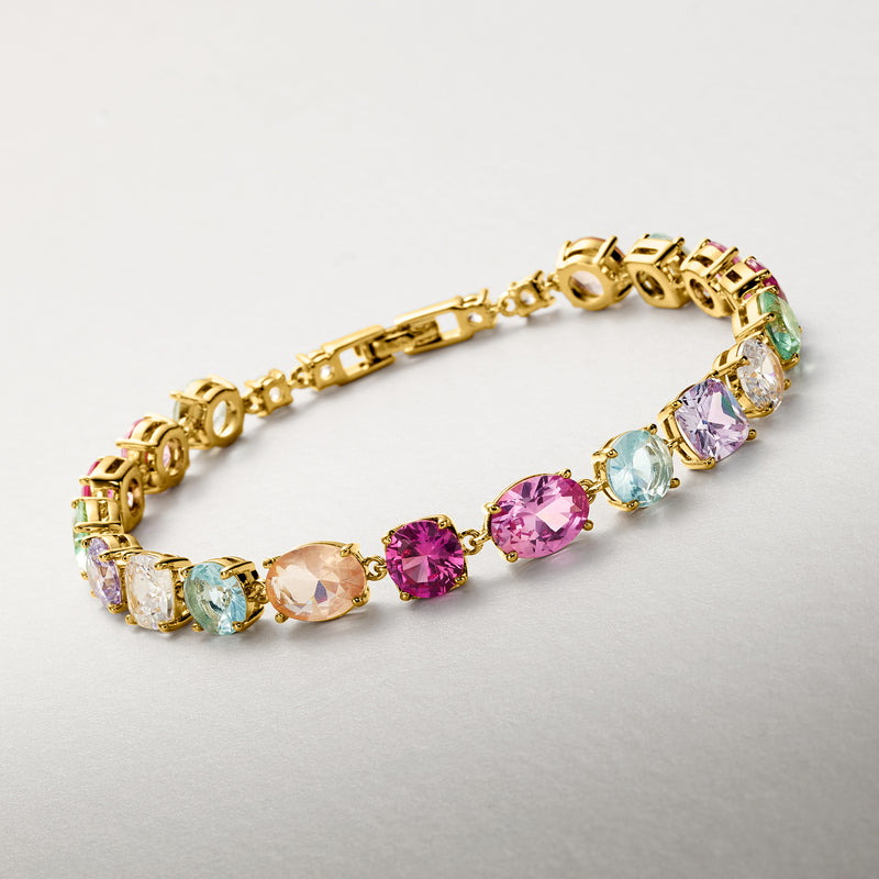 Gold-plated bracelet with oval CZ stones and gold links, including pink, purple, blue, green