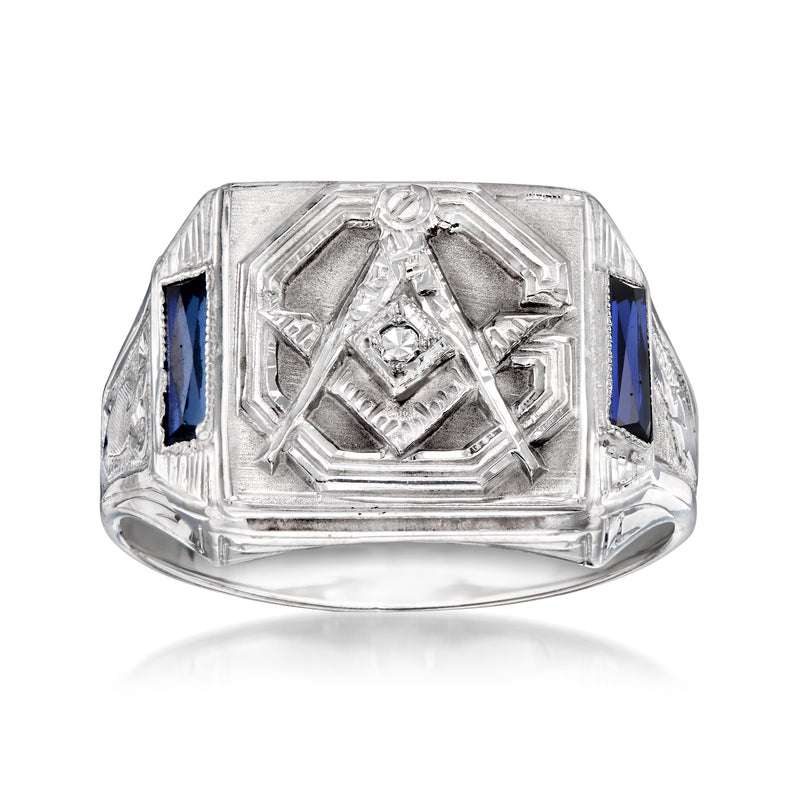10kt white gold masonic signet ring with central round clear stone and two blue stones