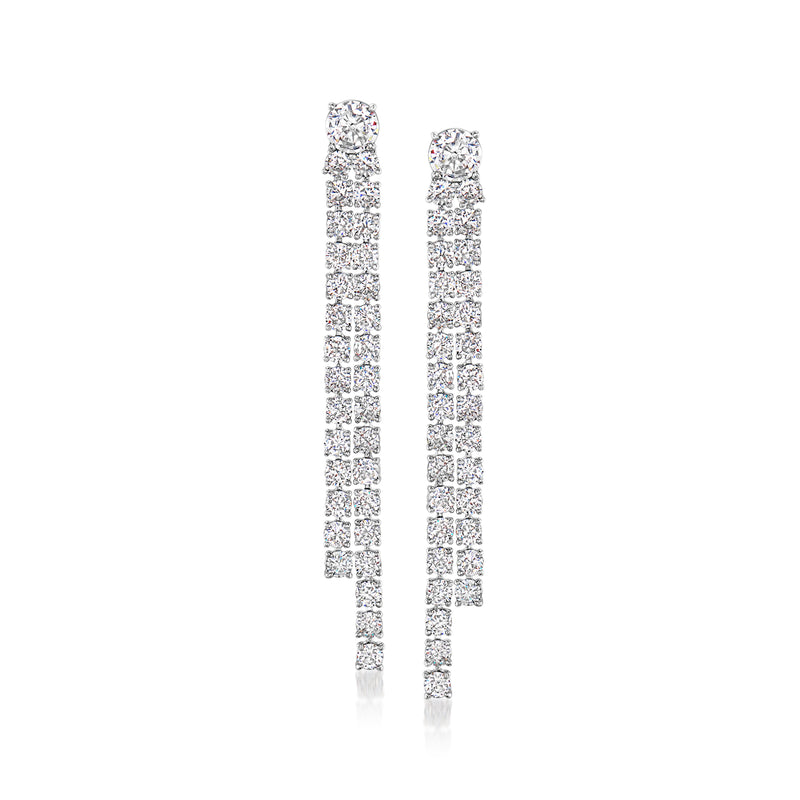 Rhodium-plated two-row linear drop earrings with clear CZ stones, long dangling design