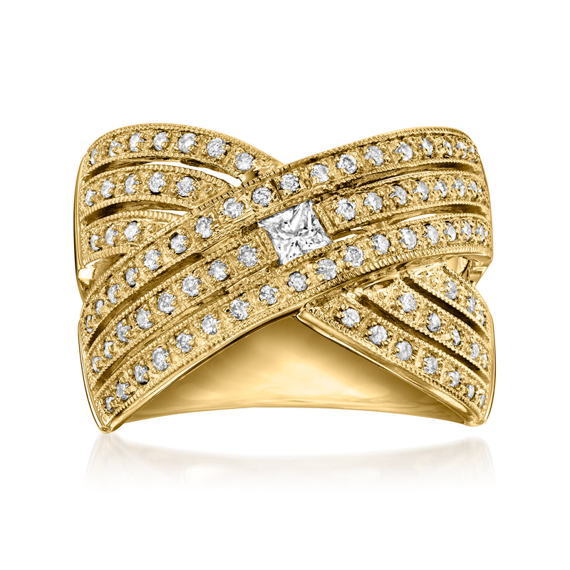 18kt yellow gold crisscross diamond ring with sparkling round stones
