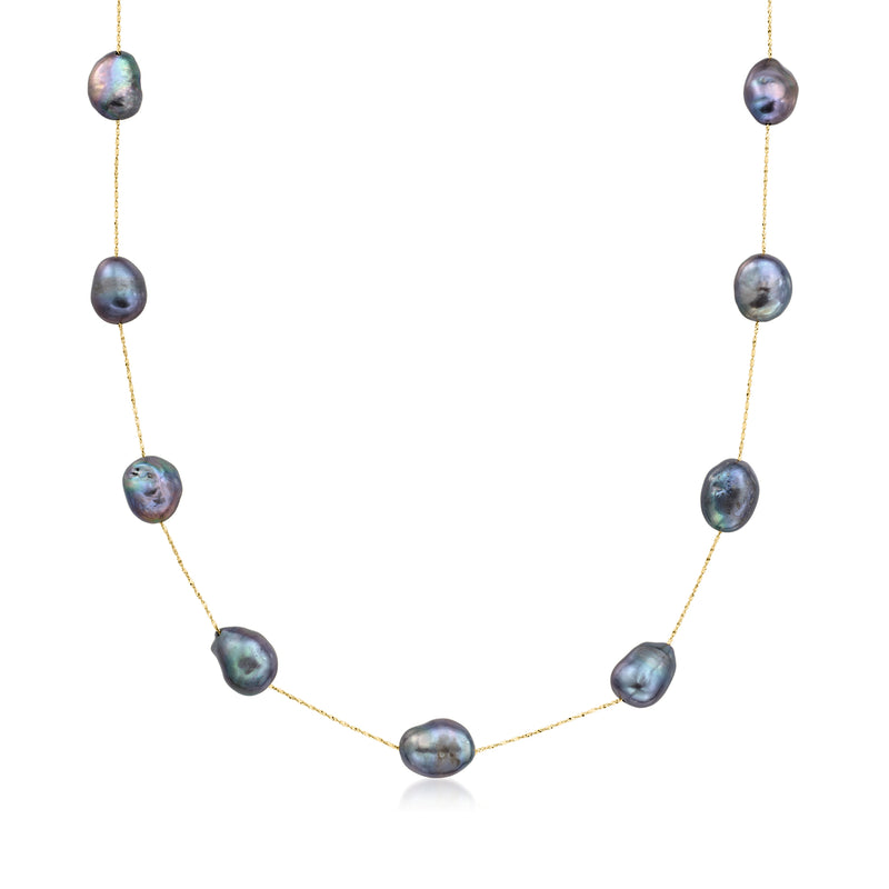 14k yellow gold station necklace with dark iridescent cultured pearls, 11x10mm