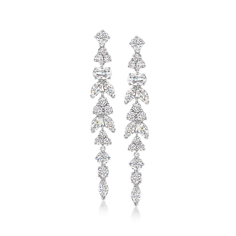 Rhodium-plated CZ drop earrings with cascading teardrop stones