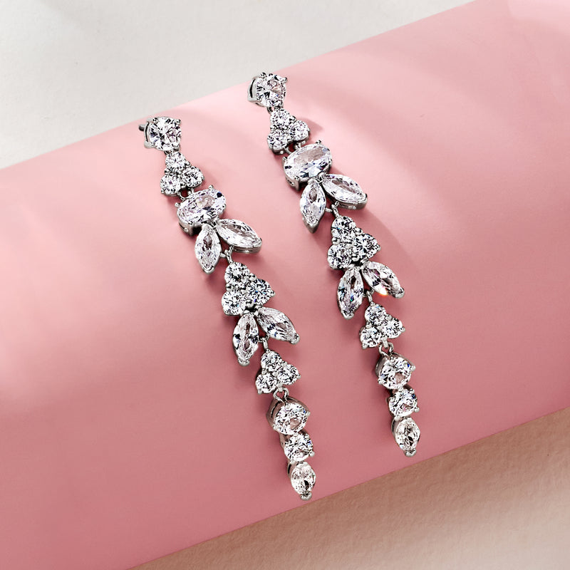Rhodium-plated CZ drop earrings with clustered sparkle stones, long dangle