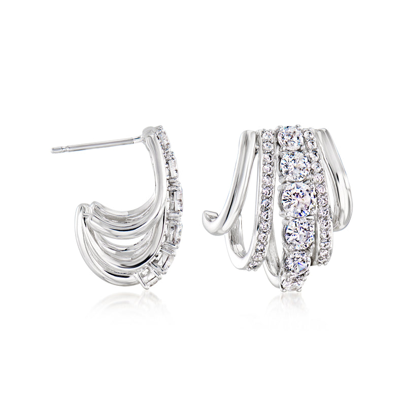 Rhodium-plated multi-hoop earrings with round CZ stones, shown in a pair