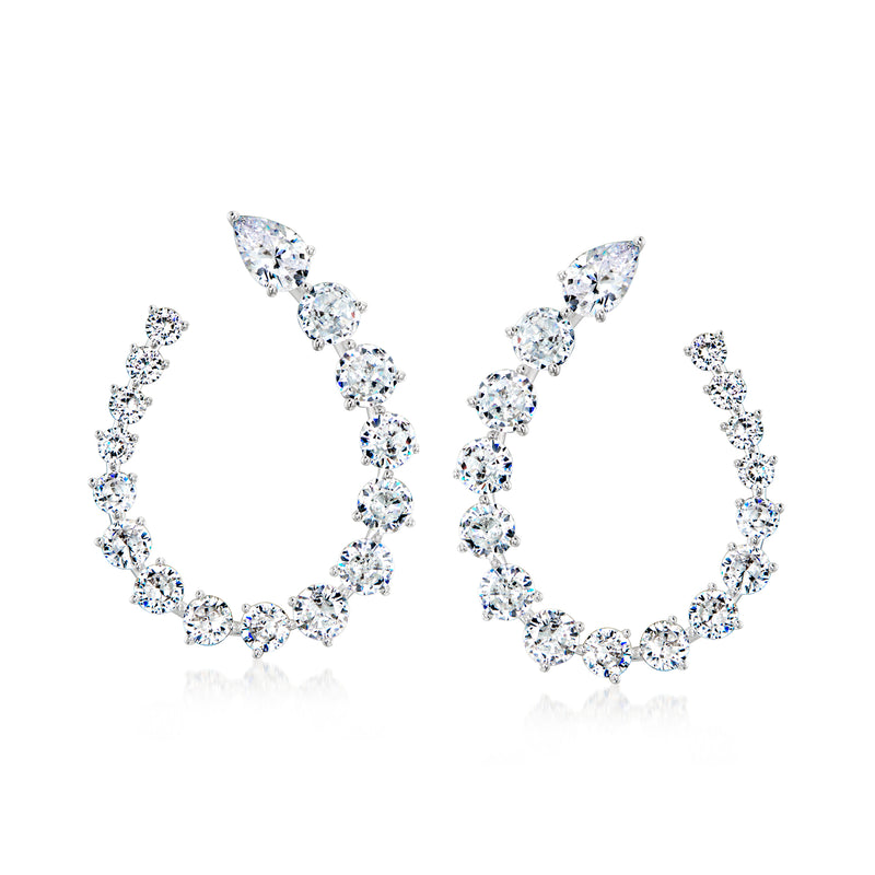 Rhodium-plated hoop earrings with round CZ stones and linked open-hoop design