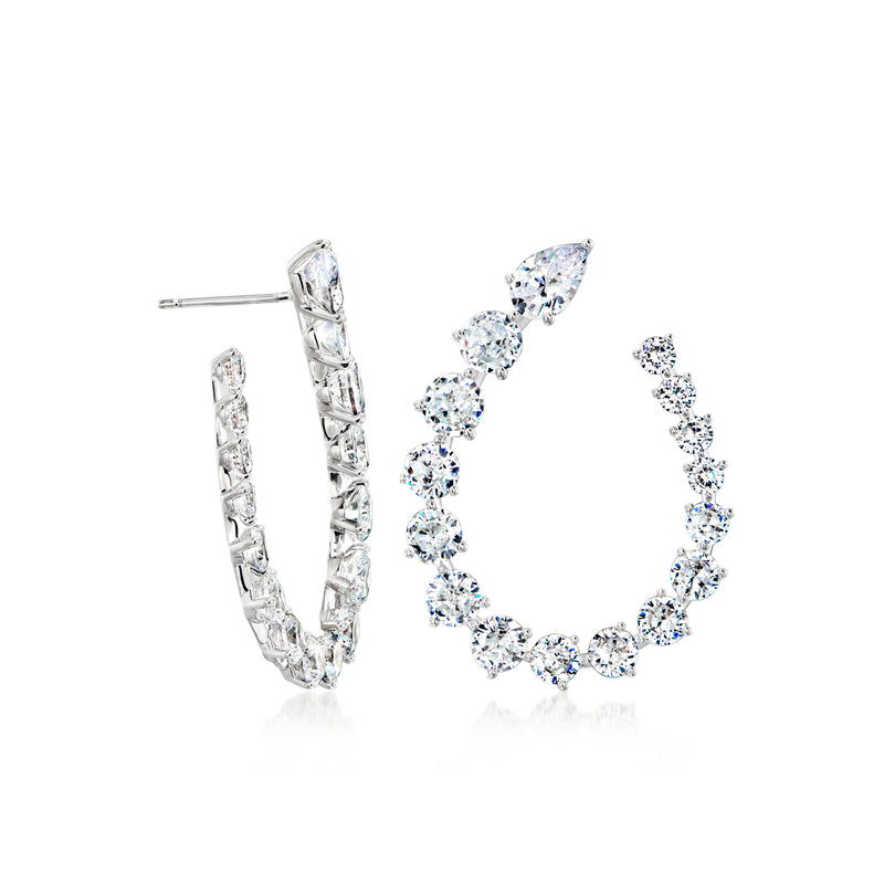 Rhodium-plated CZ hoop earrings with post back and linked round stone oval segments