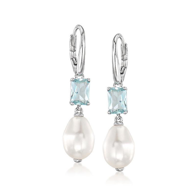 Rhodium-plated drop earrings with light blue gem and white pearl, leverback