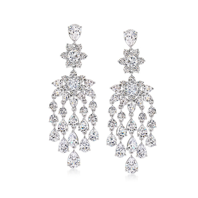 Chandelier drop earrings with heart and dangling teardrop CZs on rhodium-plated metal