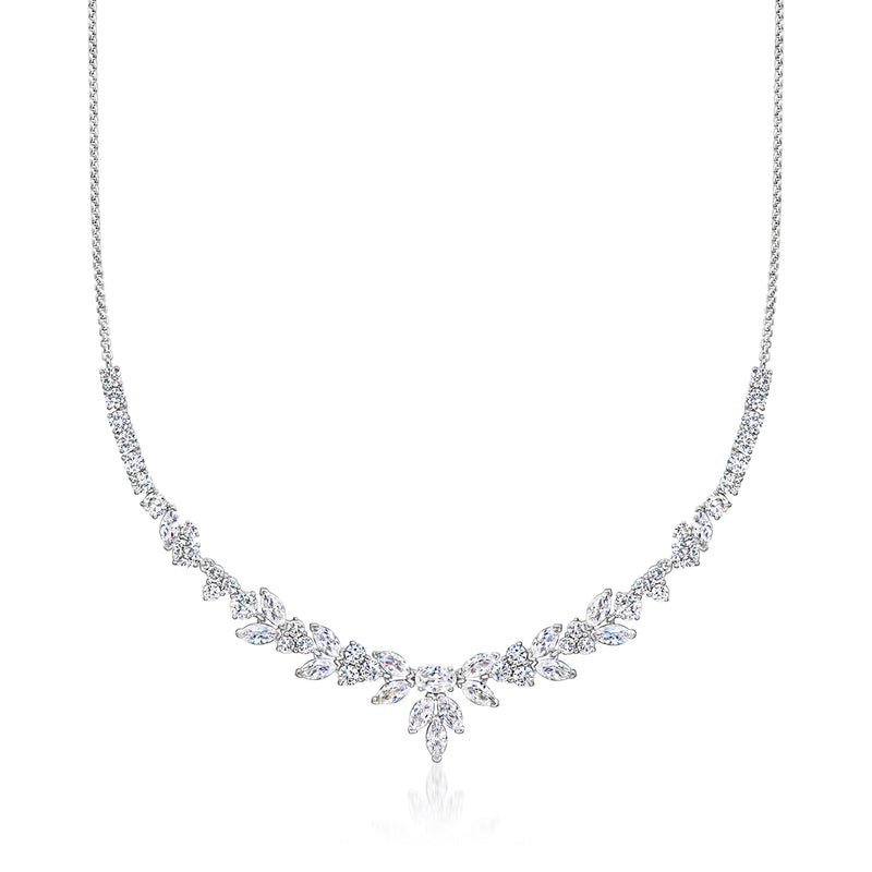 Rhodium-plated floral CZ necklace with teardrop stones and central flower pendant