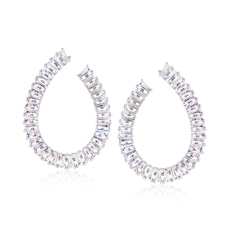 Rhodium hoop earrings with baguette CZ accents, rounded open hoops