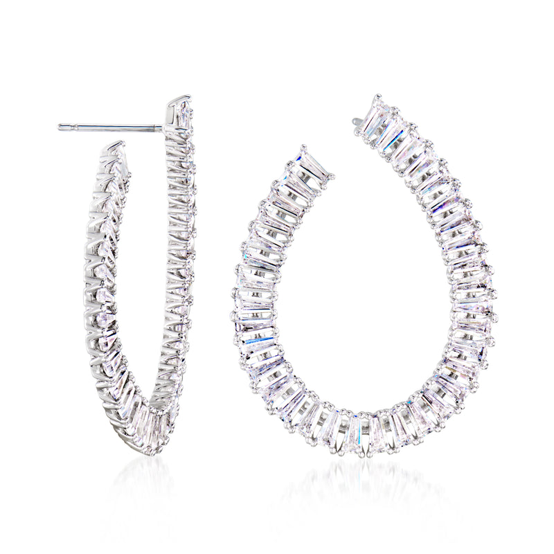 Rhodium hoop earrings with baguette CZ line and visible clasp post