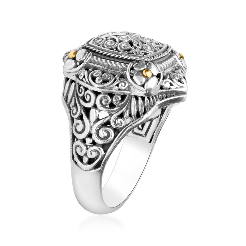 Sterling silver Bali-style ring, side profile with swirling engravings and yellow gold beads