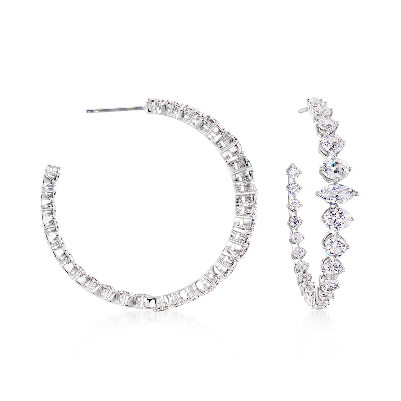 Rhodium-plated inside-out hoop earrings with clear CZ pave stones