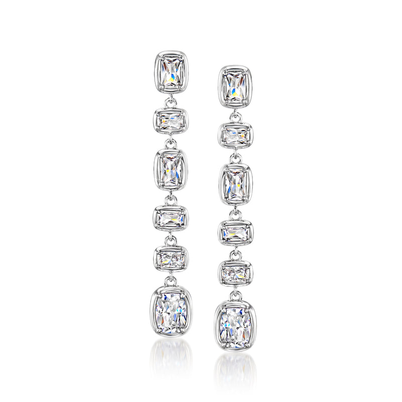 Rhodium-plated drop earrings with stacked square CZ stones in a tiered design