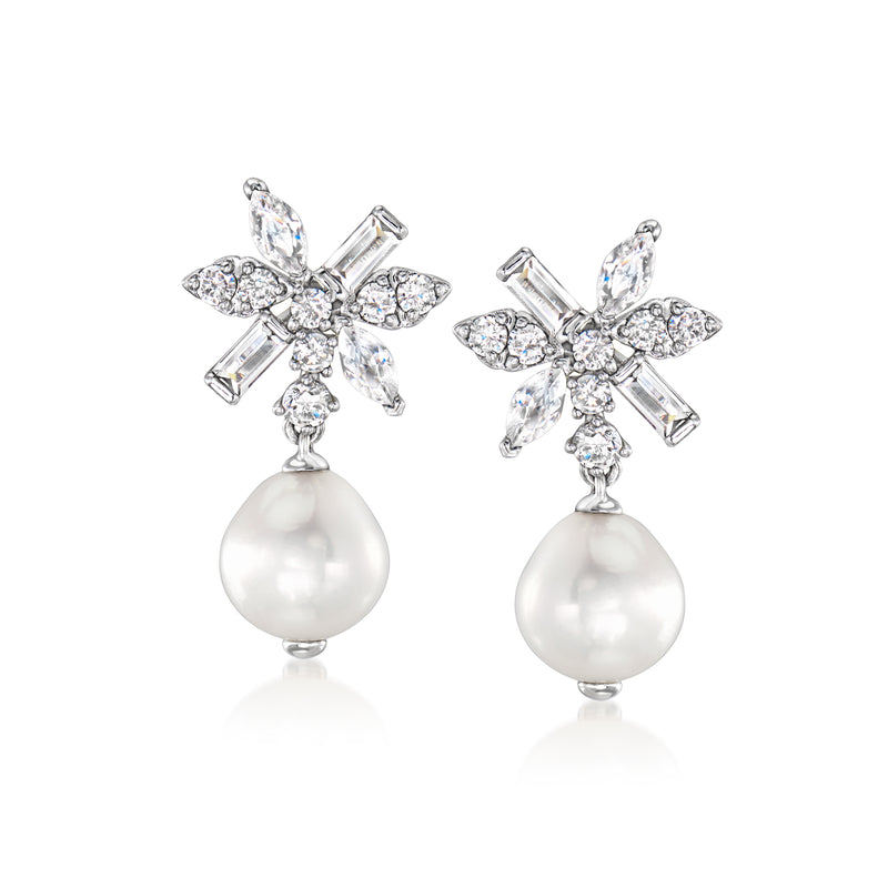 Rhodium-plated drop earrings with CZ floral setting and cultured baroque pearl drops