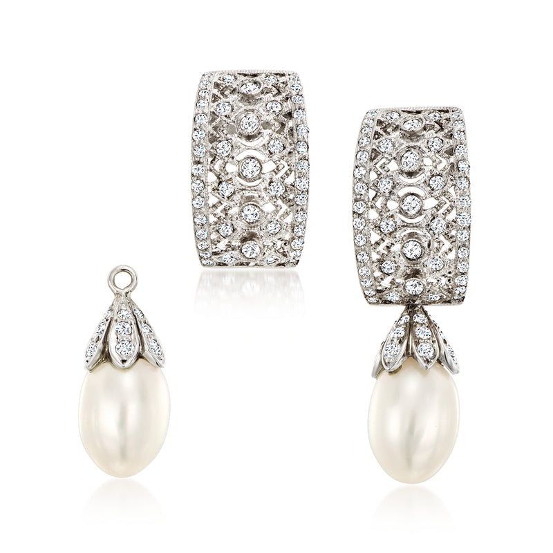 Cultured pearl drop earrings with diamond pave hoop tops in white gold
