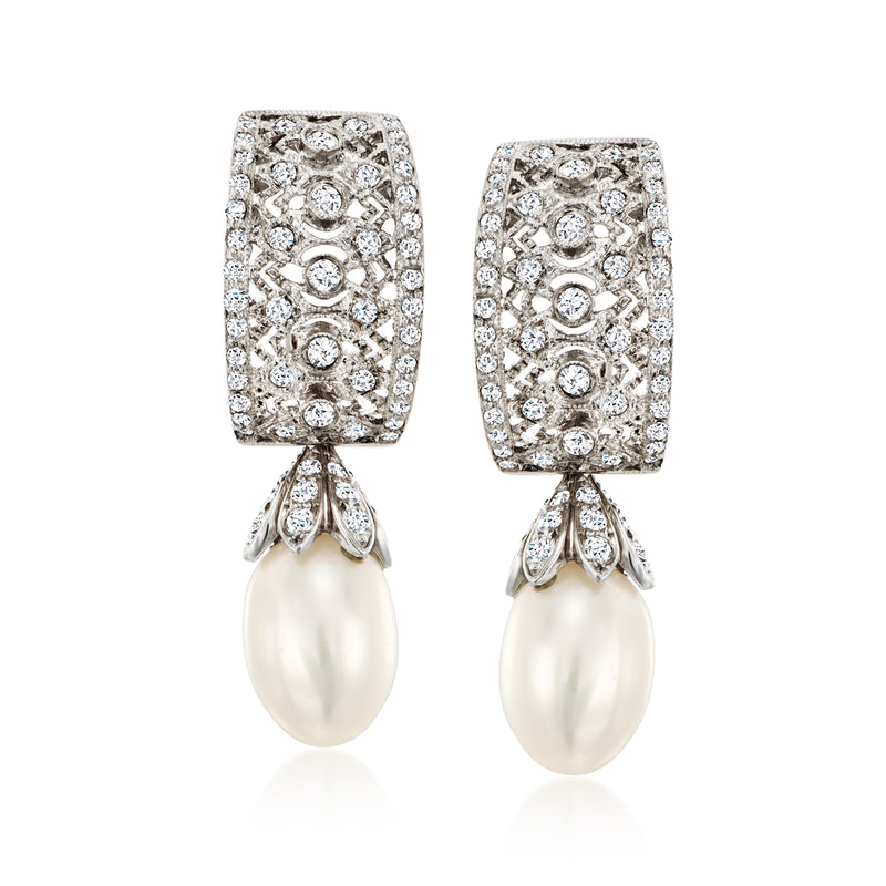 Cultured pearl drop earrings with diamond pave hoop tops and fan-shaped clusters