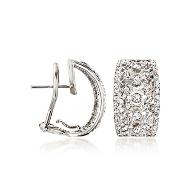 White gold convertible earrings with post backs, diamond pave hoop tops, and cultured pearls