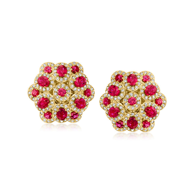 Flower ruby and diamond stud earrings in 18kt yellow gold, round clustered design