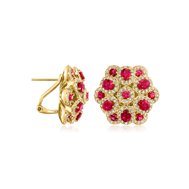 Ruby and diamond flower stud earrings with post backing, 18kt yellow gold frame