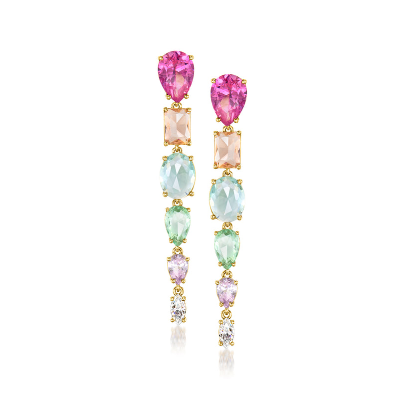 Gold-plated drop earrings with pink, orange, blue, green and purple simulated gems