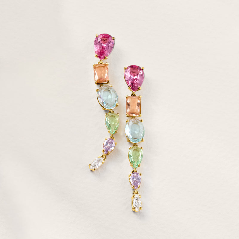 Gold-plated drop earrings with pink, orange, blue, green and clear simulated stones