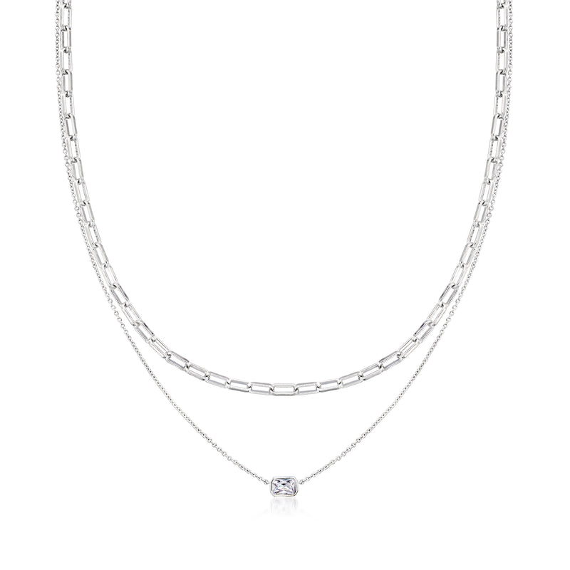 Layered rhodium-plated necklace with CZ round center pendant on two chain strands