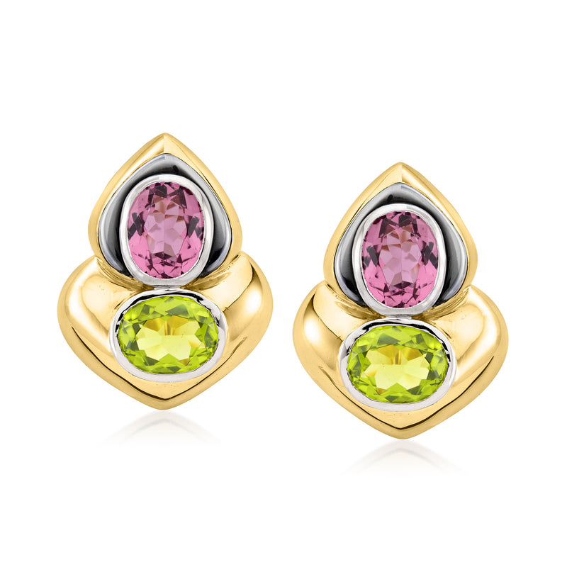 Gold and silver teardrop stud earrings with pink center gemstone and green accent