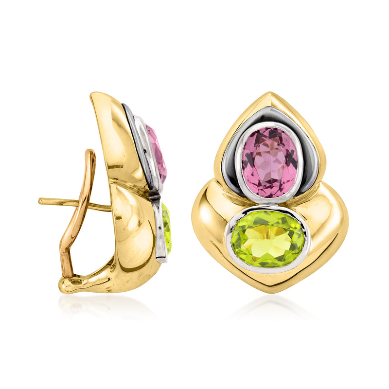Gold and silver teardrop earrings side view with pink and green gemstones