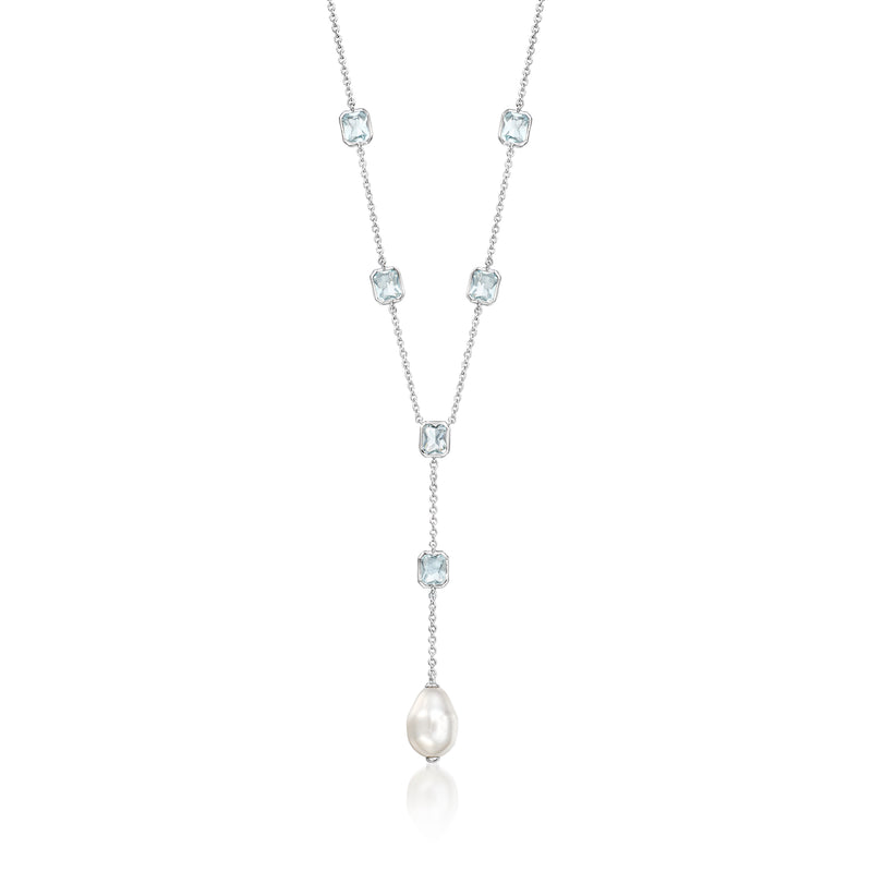 Rhodium-plated Y necklace with blue simulated gemstones and a white pearl drop