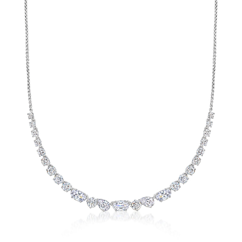 Rhodium-plated CZ tennis necklace with evenly spaced round stones, sparkling arc
