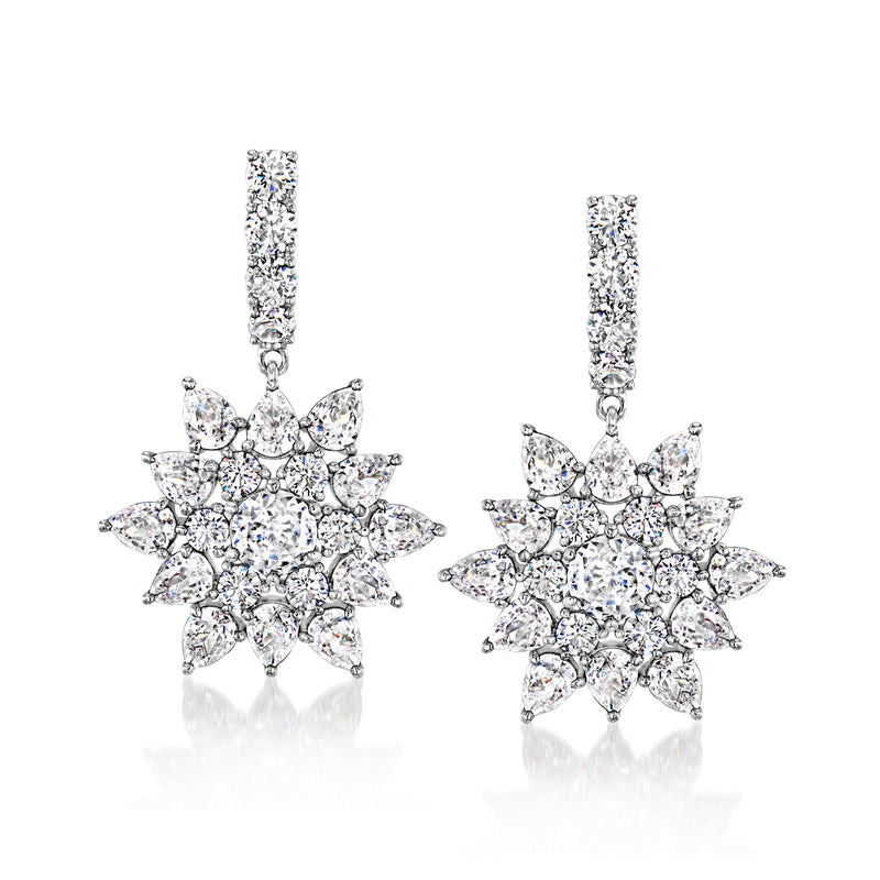 Rhodium-plated CZ hoop earrings with dangling floral cluster drop charms
