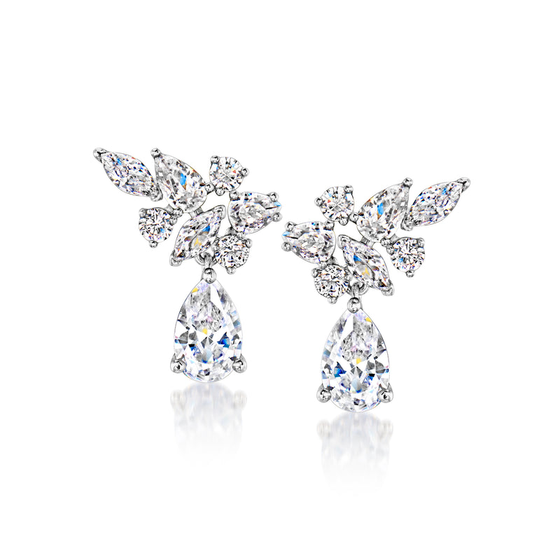 Rhodium-plated CZ flower drop earrings with pear-shaped dangling stones