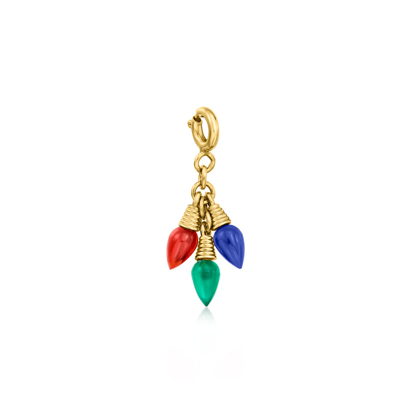Gold over sterling gemstone charm with red, blue, and green Christmas lights dangles