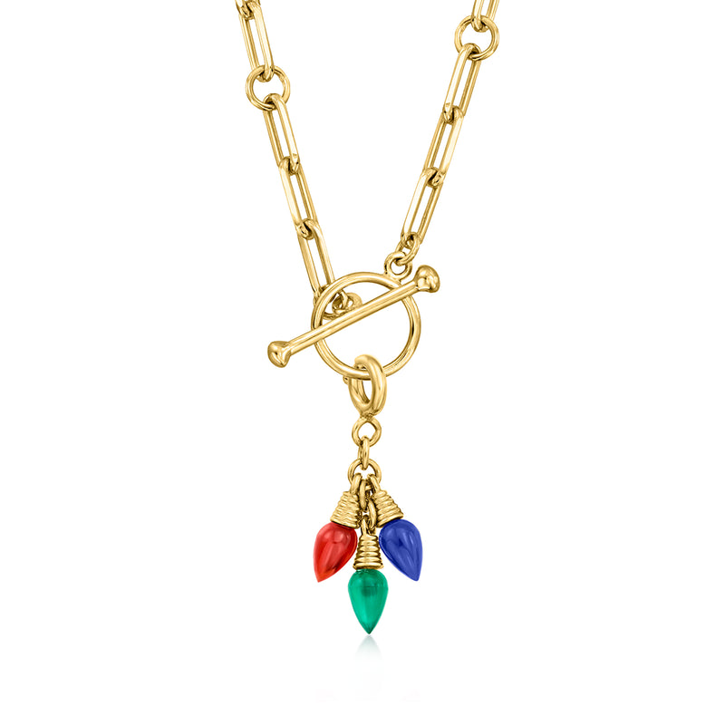 Gold over sterling chain charm with red, blue, green light-shaped gems and loop bail