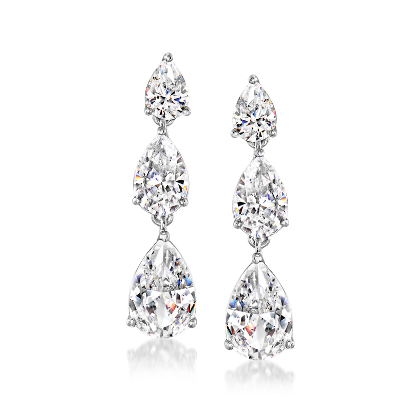 Rhodium-plated drop earrings with three pear CZ tiers, dangling teardrops